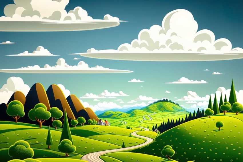 Detailed Cartoon Green Landscape with Hills and Road