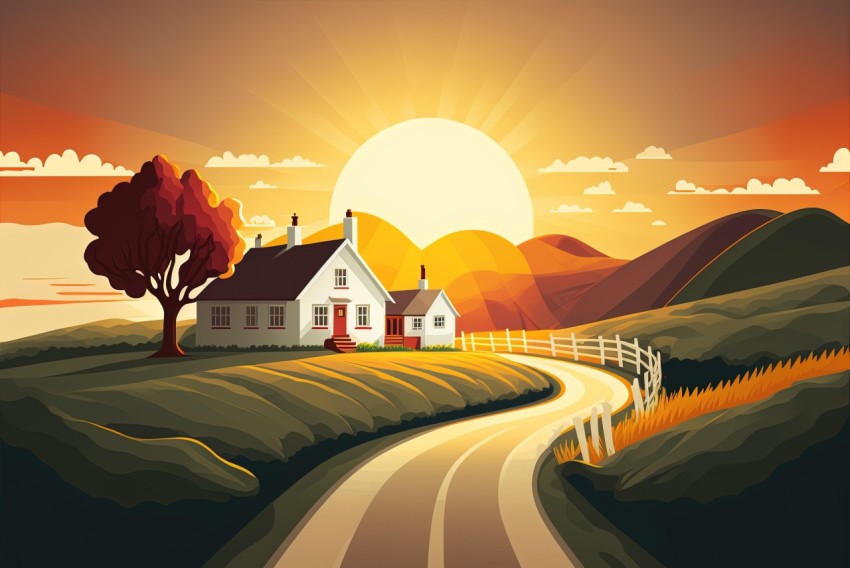 Colorful Landscapes: A House in the Countryside with a Street Road and Sun