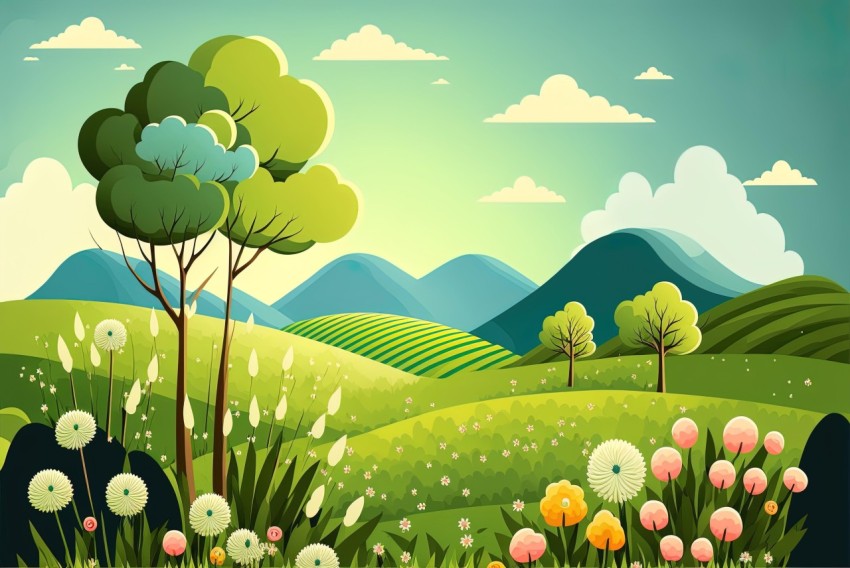 Colorful Cartoon Landscape with Green Hills and Mountains