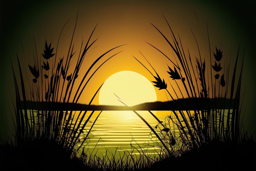 Sunset and Reeds on the Lake Vector - Romanticized Nature
