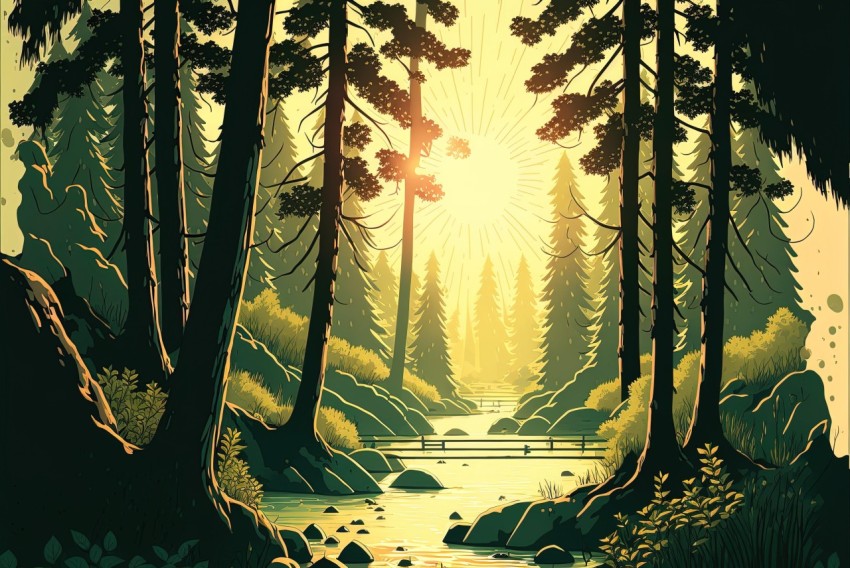 Riverside Wilderness: Bold Graphic Illustration in Golden Light