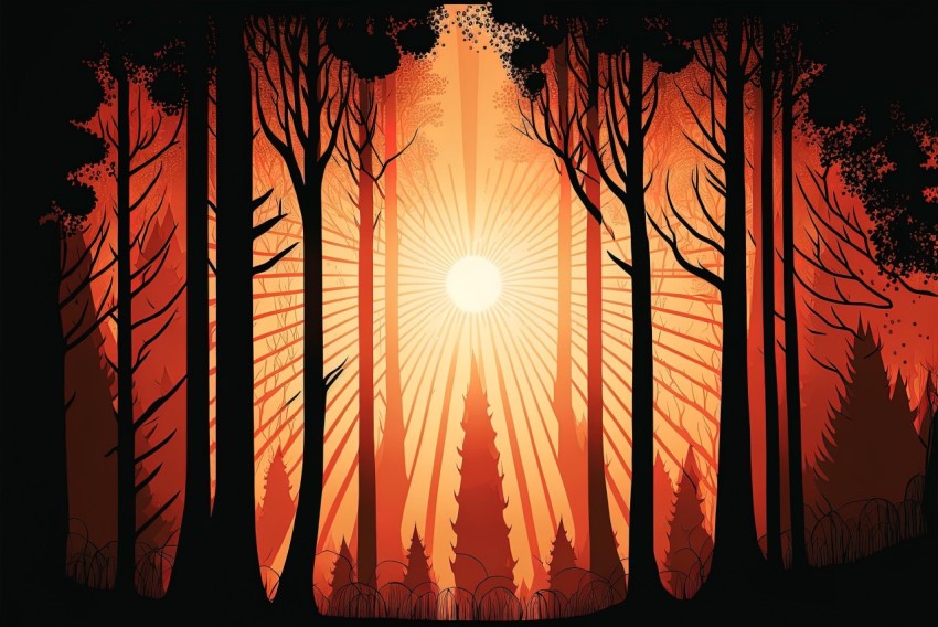 Sunrise in the Forest: Bold Graphic Illustration with Sunrays