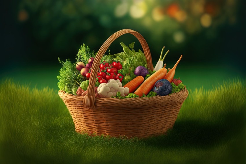 Realistic Fantasy Artwork: Basket of Fruit and Vegetables on Grass