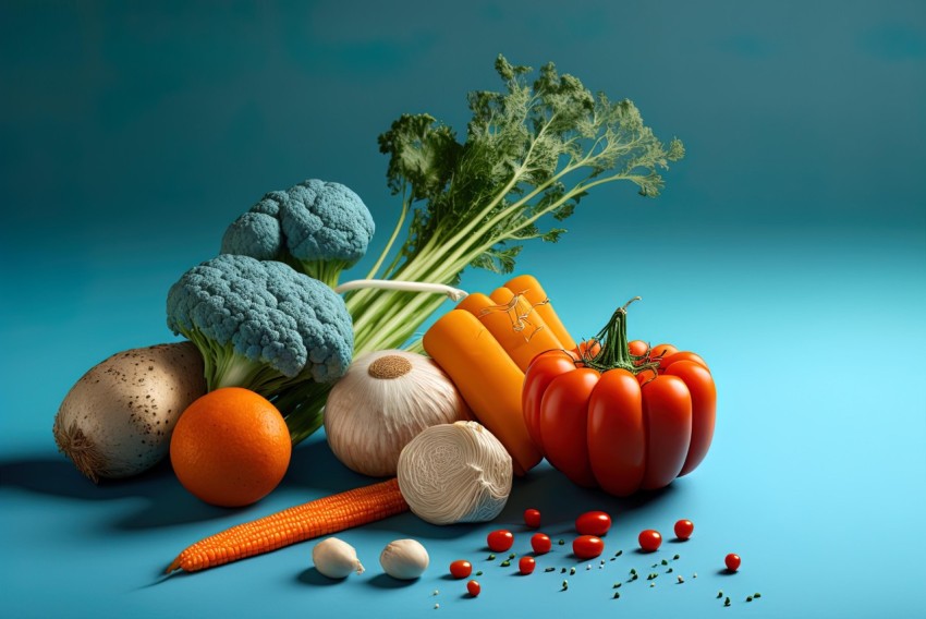 Beautiful Assortment of Vegetables on Blue Surface - Vray Tracing