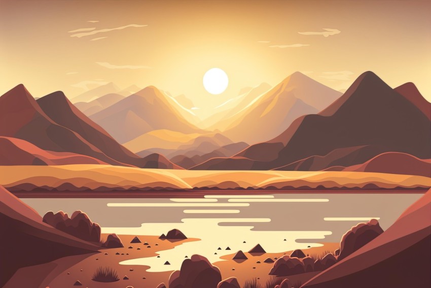 Modern Cartoon Landscape with Mountains and Water | Warm Tones