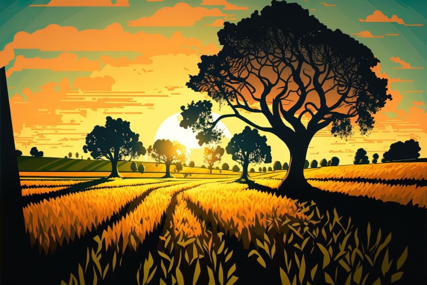 Field at Sunset - Optical Illusion Illustration