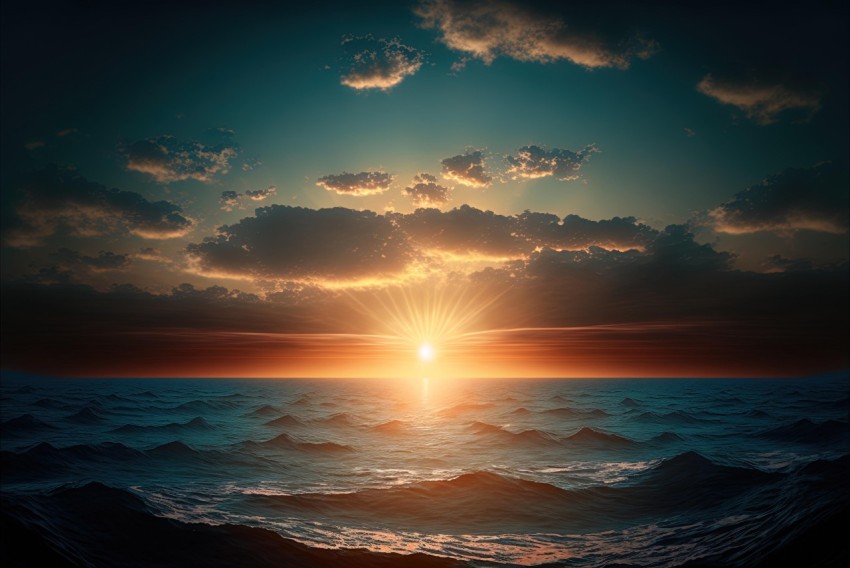 Rising Sun over Ocean: Realistic Chiaroscuro Seascape