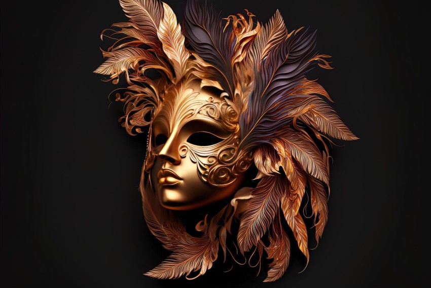Golden Mask with Feathers on Black Background | Detailed Character Illustrations