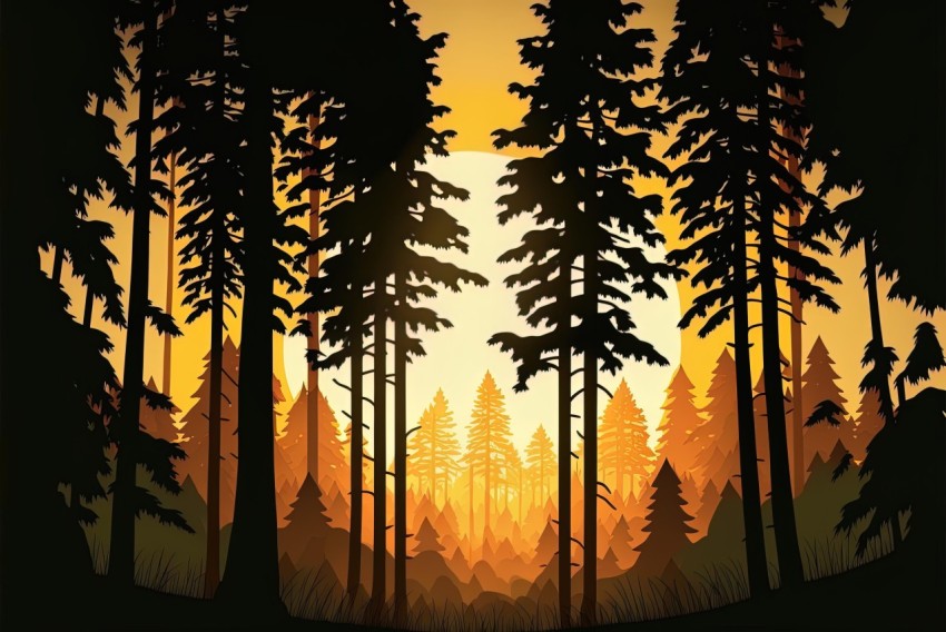 Equestrian Forest at Sunset: Hyperrealistic Vector Illustration