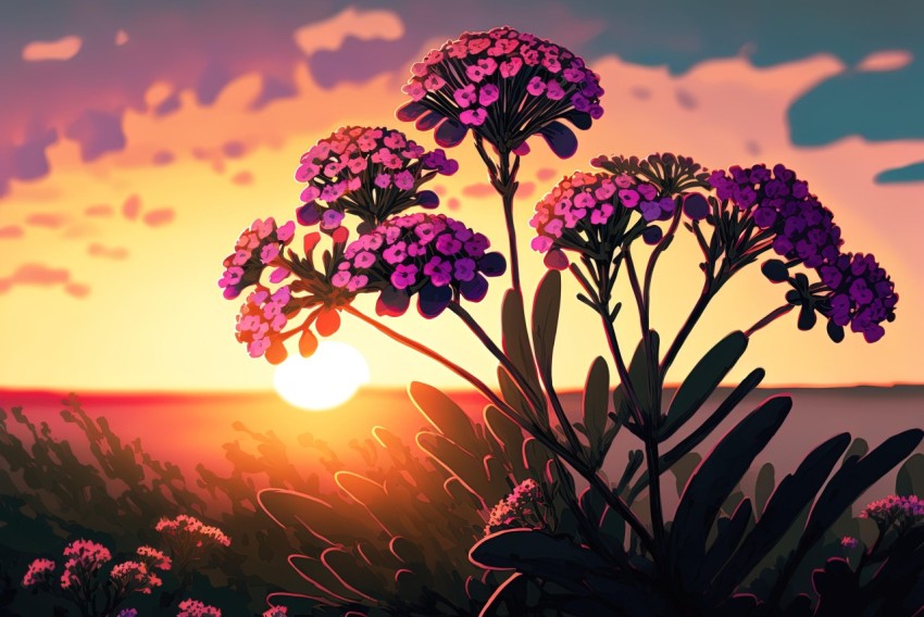 Flowers at Sunset - Colored Cartoon Style Artwork with Hyperrealistic Landscapes