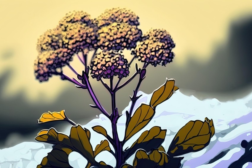 Plant with Flower Digital Art in Light Yellow and Dark Violet
