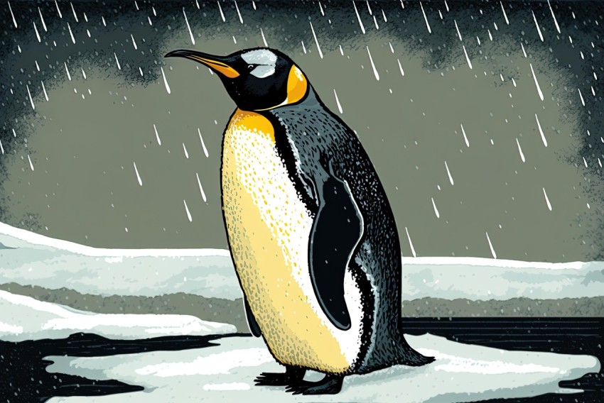 Comic Book Art Penguin Illustration in Rain and Snow