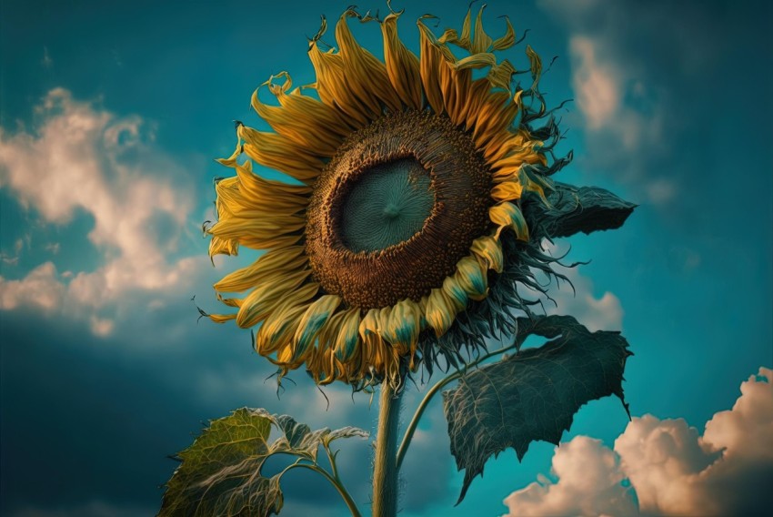 Whimsical Sunflower in a Cloudy Sky | Surreal Theatrics-Inspired Artwork