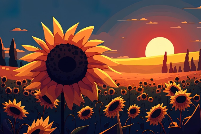 Sunflower Field Sunset - 2D Game Art Illustrations