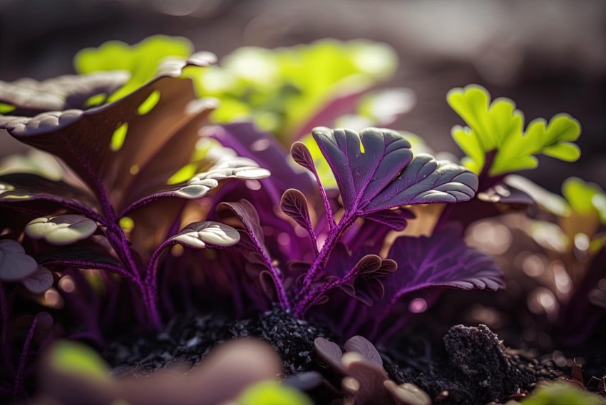 Close-Up Shot of Purple Leaf Kale in Dramatic Lighting