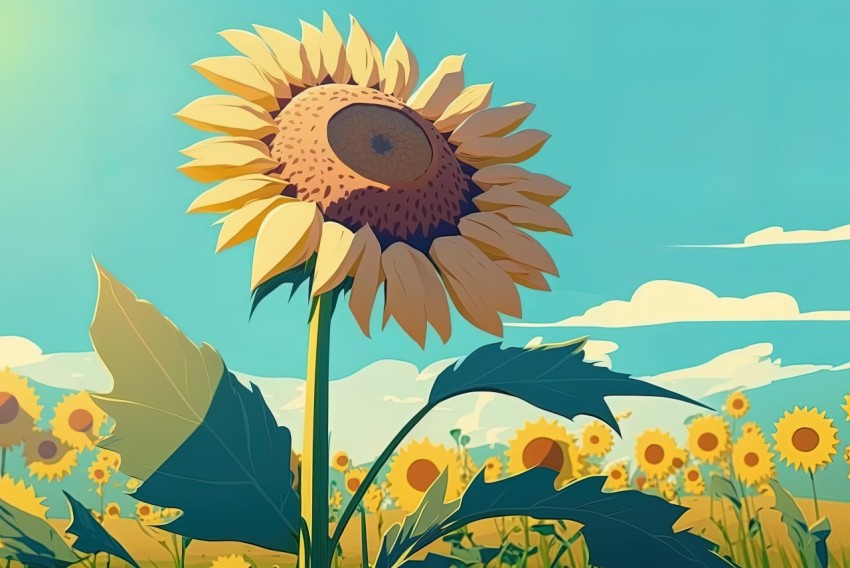 Vintage Poster Style Sunflower Field Illustration