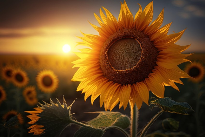 Sunflower at Dark Sunset Backdrop - Realistic Hyper-Detailed Rendering