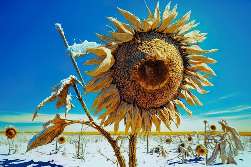 Colorful Surrealist Sunflower on Frozen Field - Nature Photography
