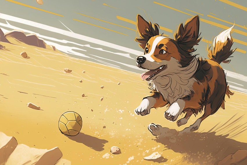 Dog Running with Ball in Desert - Graphic Novel Style Illustration
