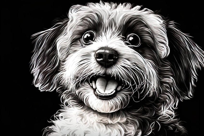 Black and White Dog Painting with Smiling Face on Black Background