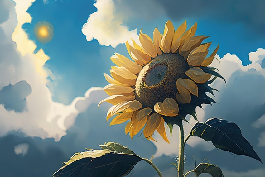 Sunflower Painting in Sky with Clouds | Hyper-Detailed 2D Game Art