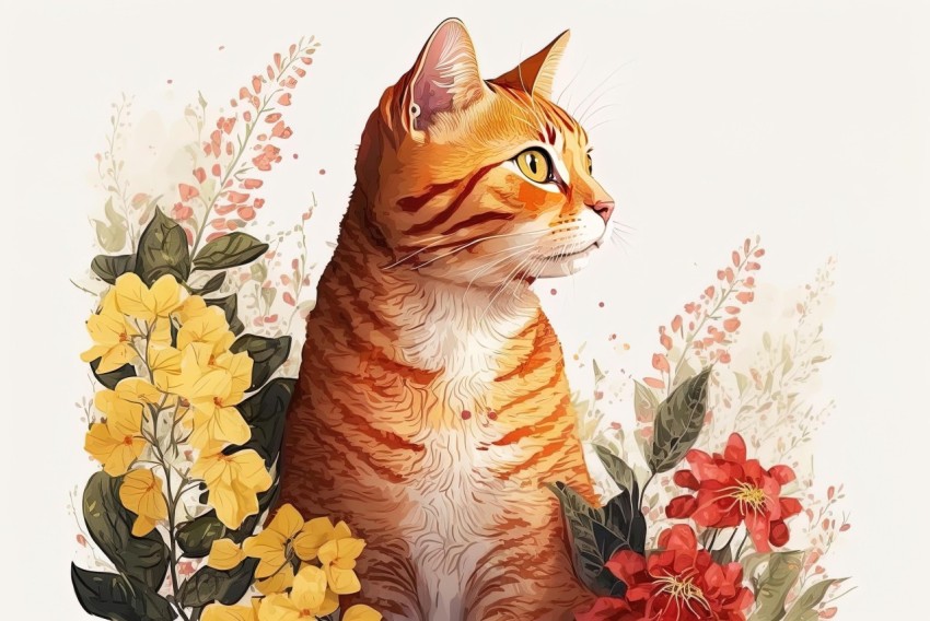 Orange Cat with Flowers - Hyper-Detailed Realistic Painting