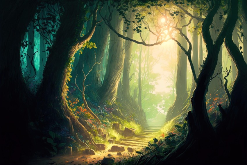 Pathway through a Sunlit Forest | Fantasy Illustration