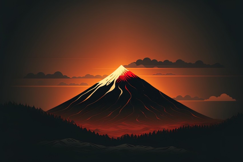 Volcano on Mountain at Sunset - Neo-Traditional Japanese Style