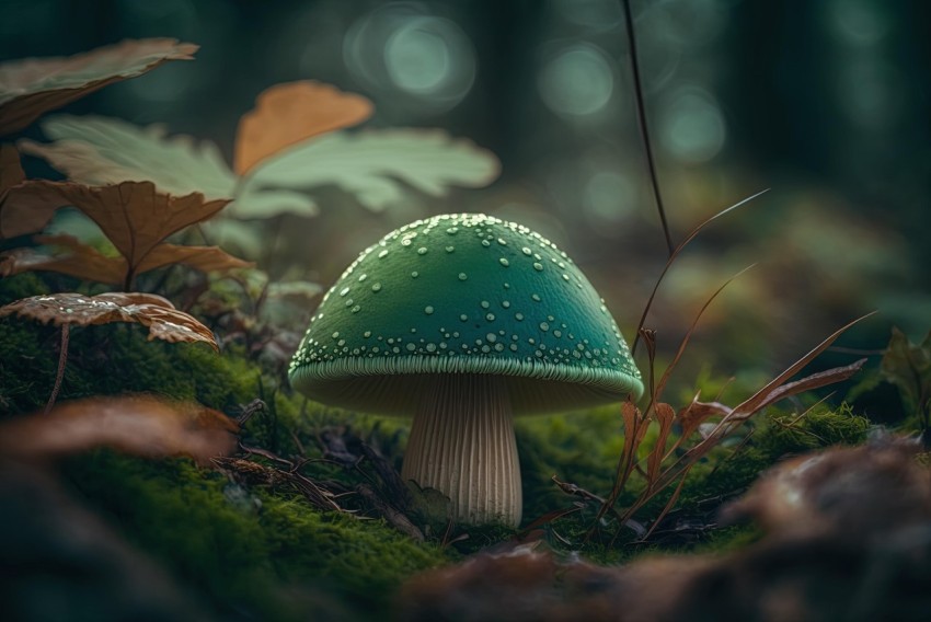 Green Mushroom in Forest with Leaves and Water Droplets