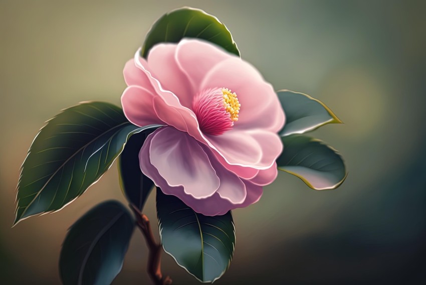 Pink Camelia Flower with Green Leaves - Realistic Landscape Illustration
