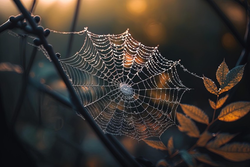 Spider Web with Dewy Leaves at Sunrise - Hauntingly Beautiful Illustration