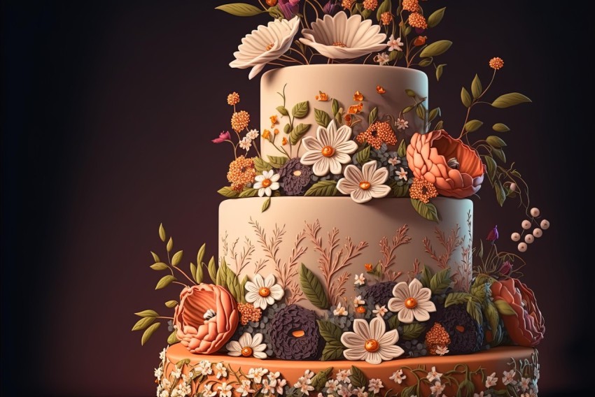 Realistic 3D Wedding Cake with Flowers and Leaves | Folk Art Inspired