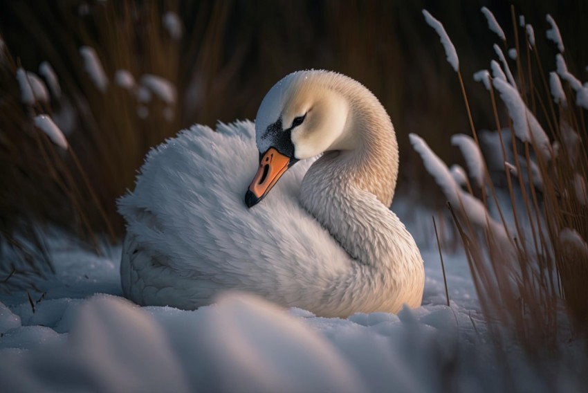White Swan in Snow - Unreal Engine Rendering with Golden Light