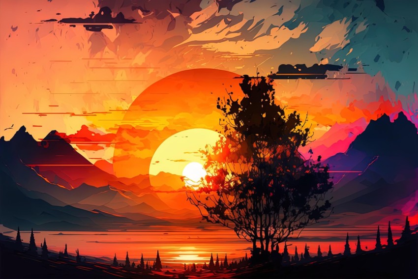 Colorful Graphic Art: Tree in Mountains at Sunset