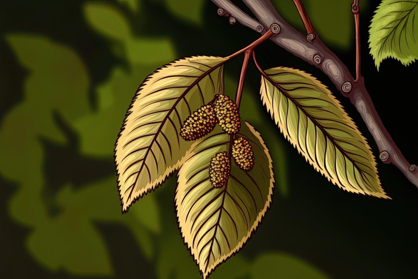 Realistic Illustration of Tree Leaves and Fruit in Sumatraism Style