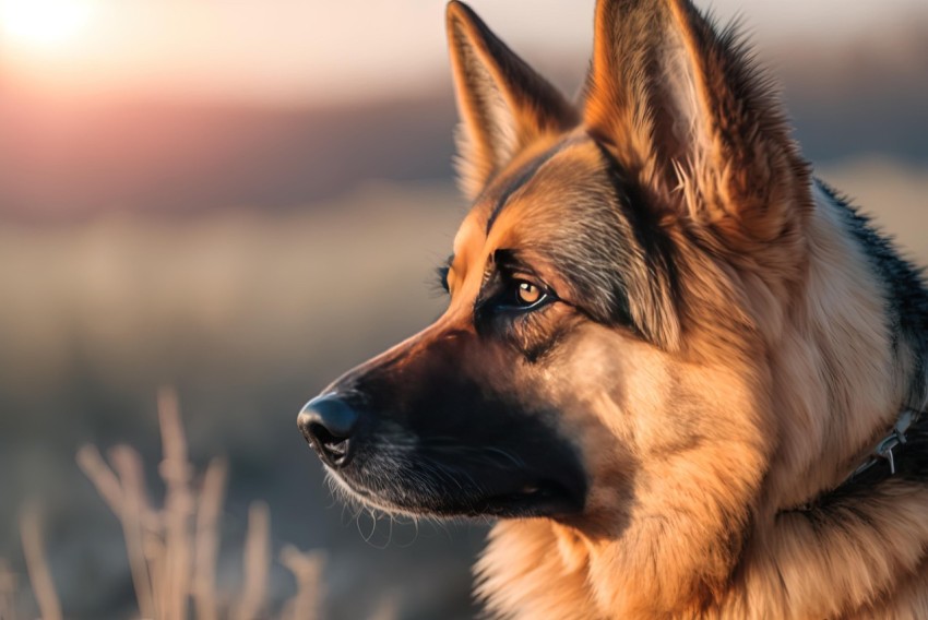 German Shepherd Dog with Sun in Detailed Facial Features