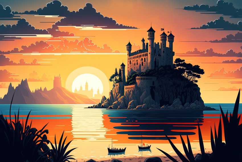Castle Illustration at Sunset | High Contrast Genre Painting