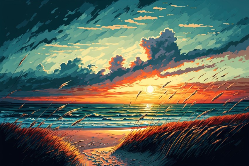 Lively Coastal Landscape Sunset Painting on Canvas | Prairiecore Style