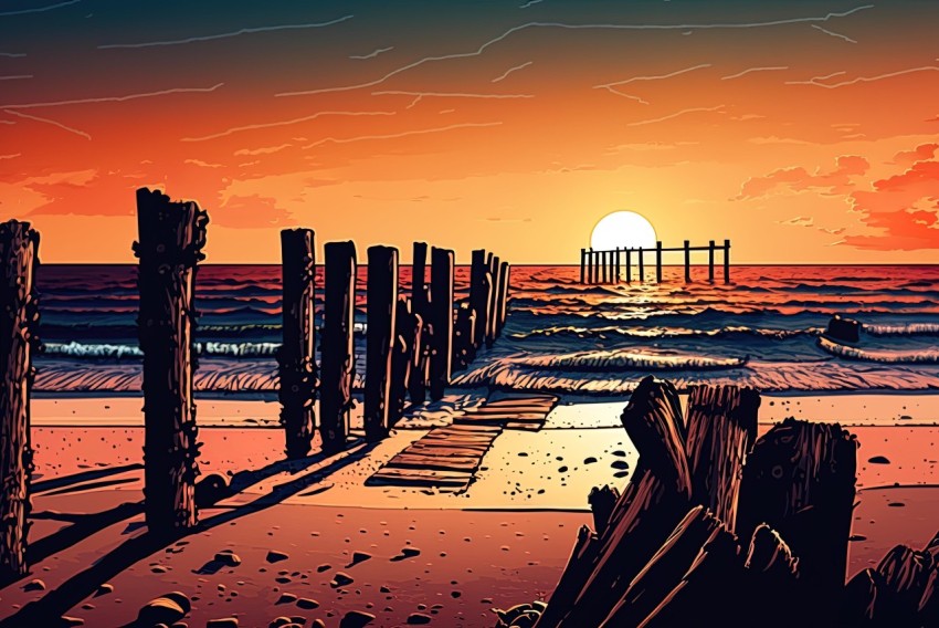 Dark Sunset on Beach - Pop Art Illustration with Rusticcore Aesthetic