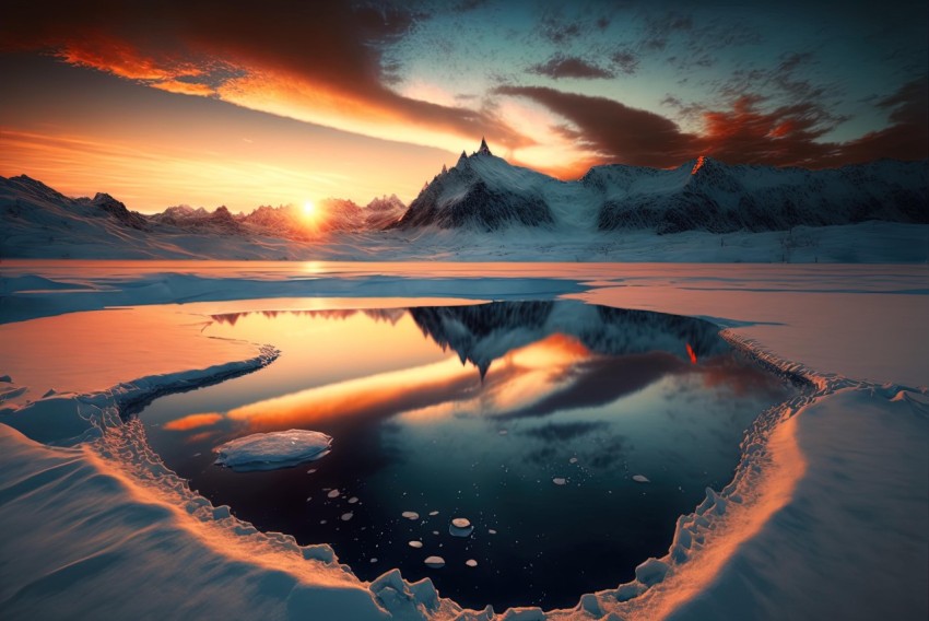 Snowy Mountains and Water Reflections: Captivating Winter Landscape