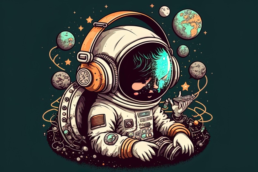Astronaut Wearing Headphones in Imaginative Illustration - Dark Cyan and Green