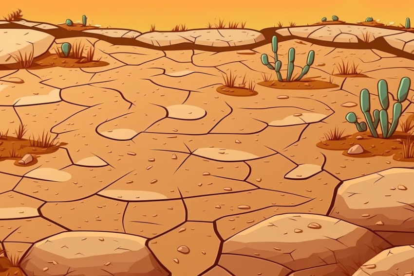 Cartoon Desert Background with Cracked Ground and Cactus