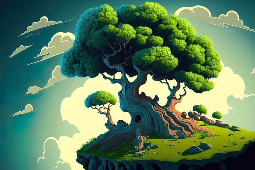 Fantastical Tree on Island - Detailed and Vibrant Illustration
