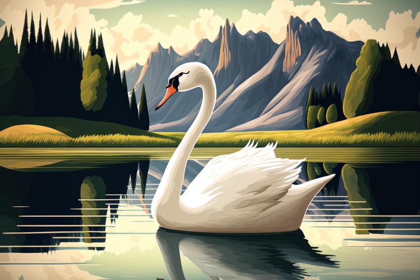 White Swan in Tranquil Waters with Majestic Mountain Backdrop