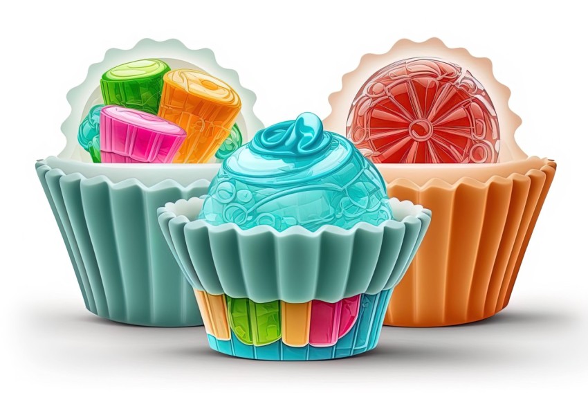 Highly Detailed Illustrations of Colorful Cupcakes with Candy