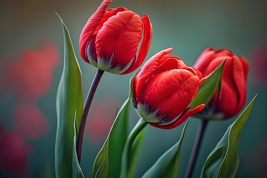 Red Tulips on Green Background | UHD Image | Painterly Realism