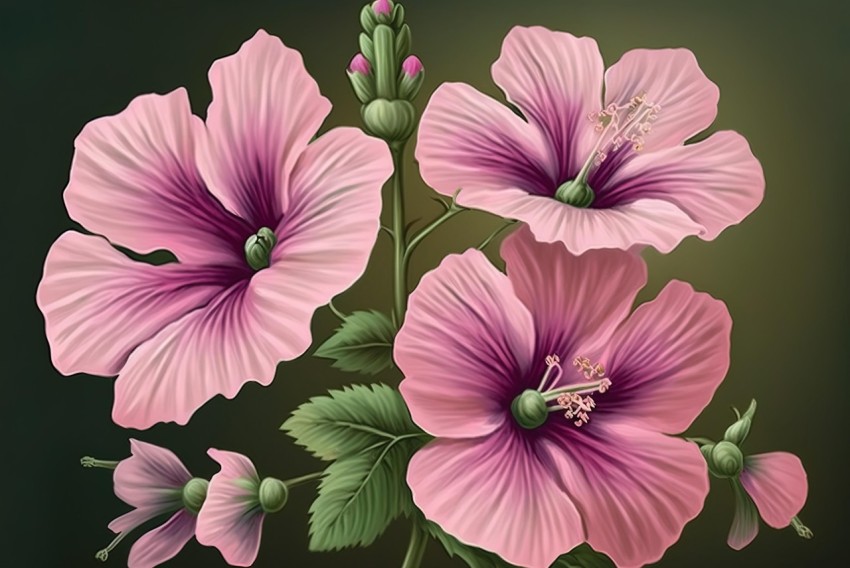 Hibiscus Flowers with Green Leaves - Realistic Illustration