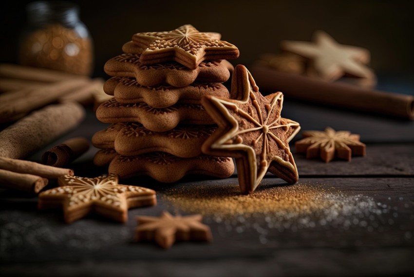 Christmas Cookies on Table Top with Cinnamon and Star Decorations
