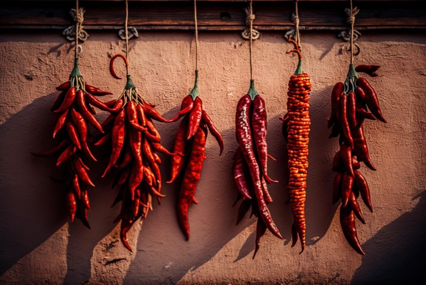 Red Chili Peppers Hanging from a Wall - Traditional Street Scene in Split Toning Style