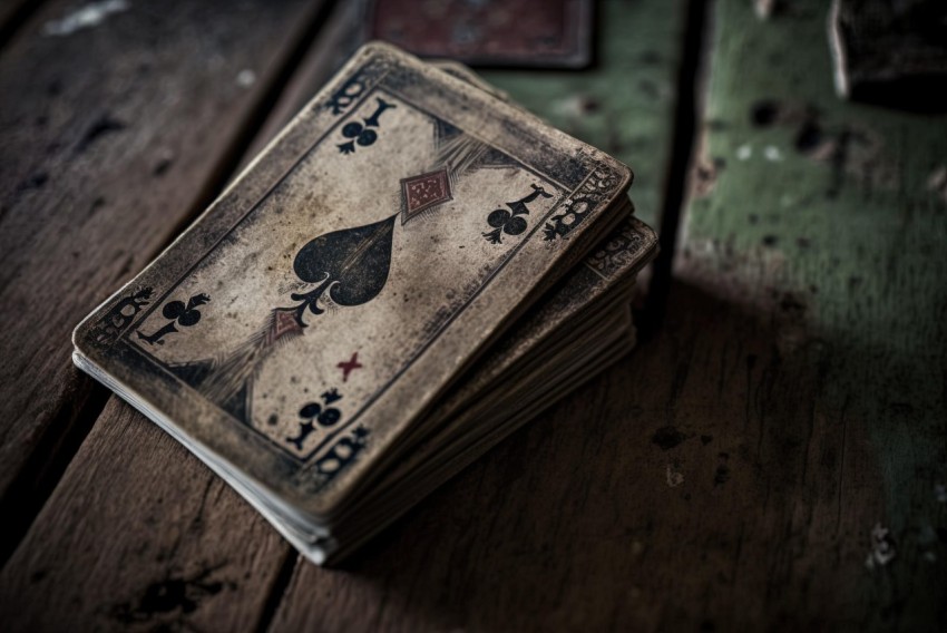 Black and White Playing Cards on Weathered Wooden Table